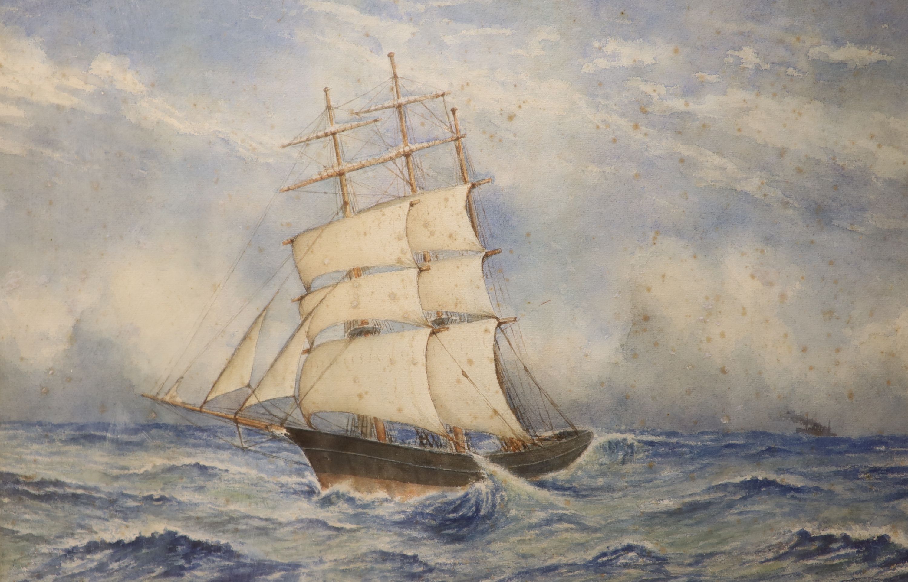 English School, watercolour and gouache, Figure of Guanyin, Salting Collection V & A Museum, 31 x 18cm, J.W. Deadman, watercolour, Sailing ship at sea, signed and dated 1912, 44 x 64cm, a coloured lithograph after Nash,